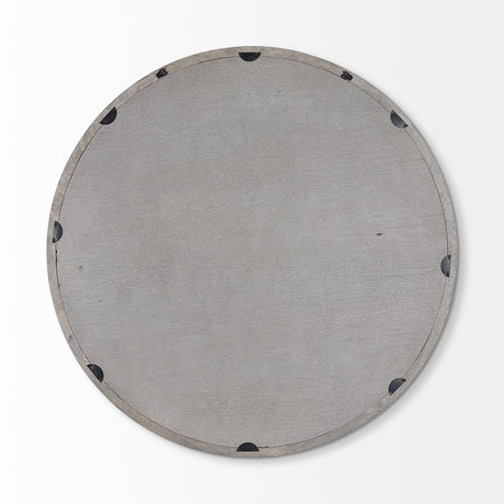 Gambit Round Gray Wash Wood Frame Wall Mirror by Mercana at Eve Furniture