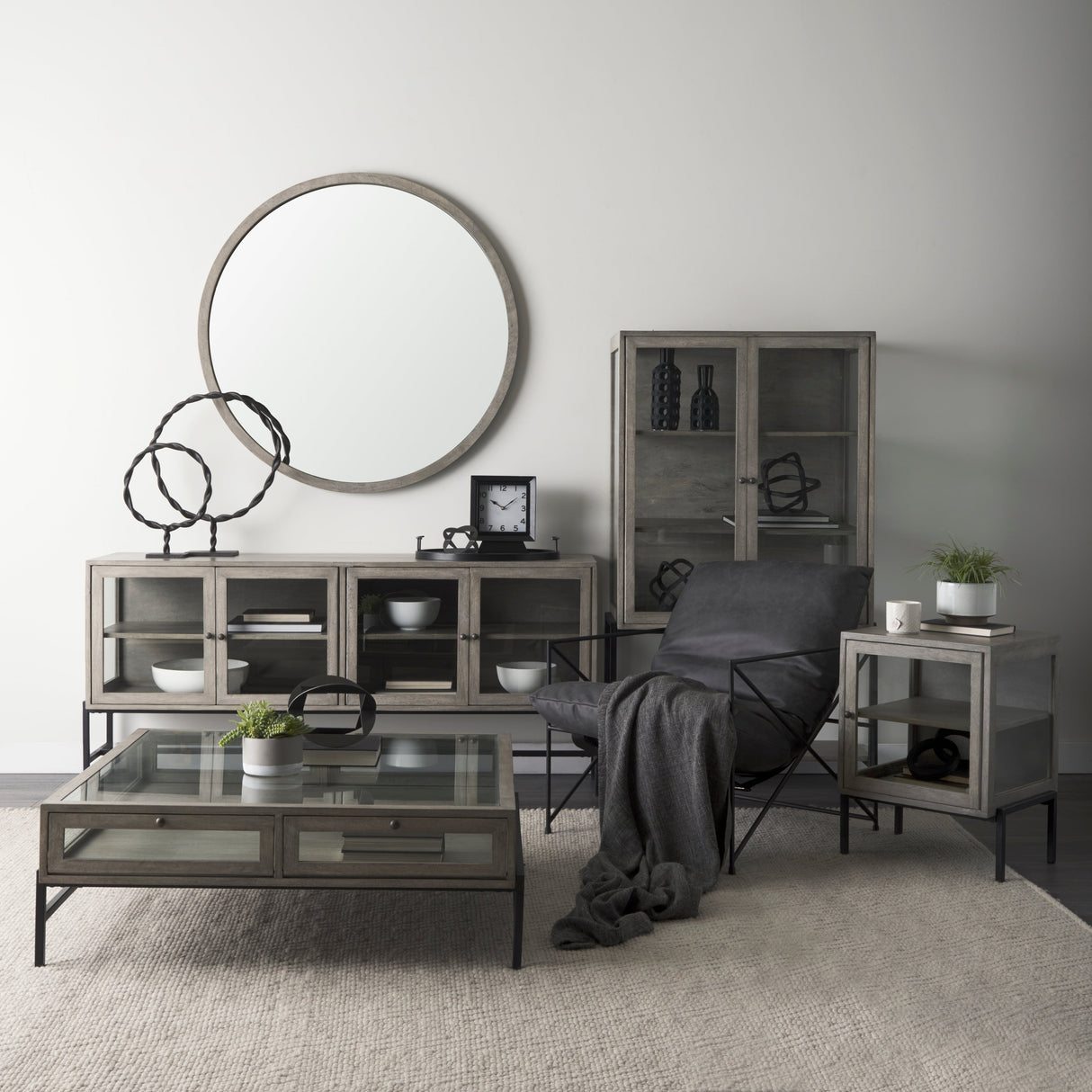 Gambit Round Gray Wash Wood Frame Wall Mirror by Mercana at Eve Furniture