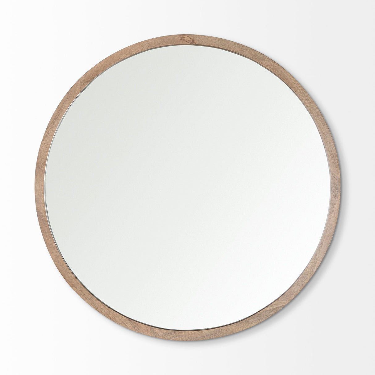 Gambit Round Light Brown Wood Frame Wall Mirror by Mercana at Eve Furniture