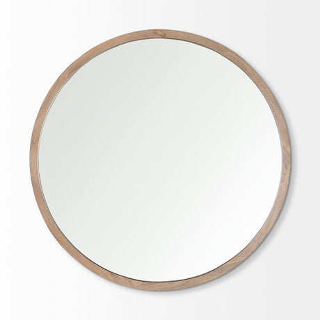 Gambit Round Light Brown Wood Frame Wall Mirror by Mercana at Eve Furniture
