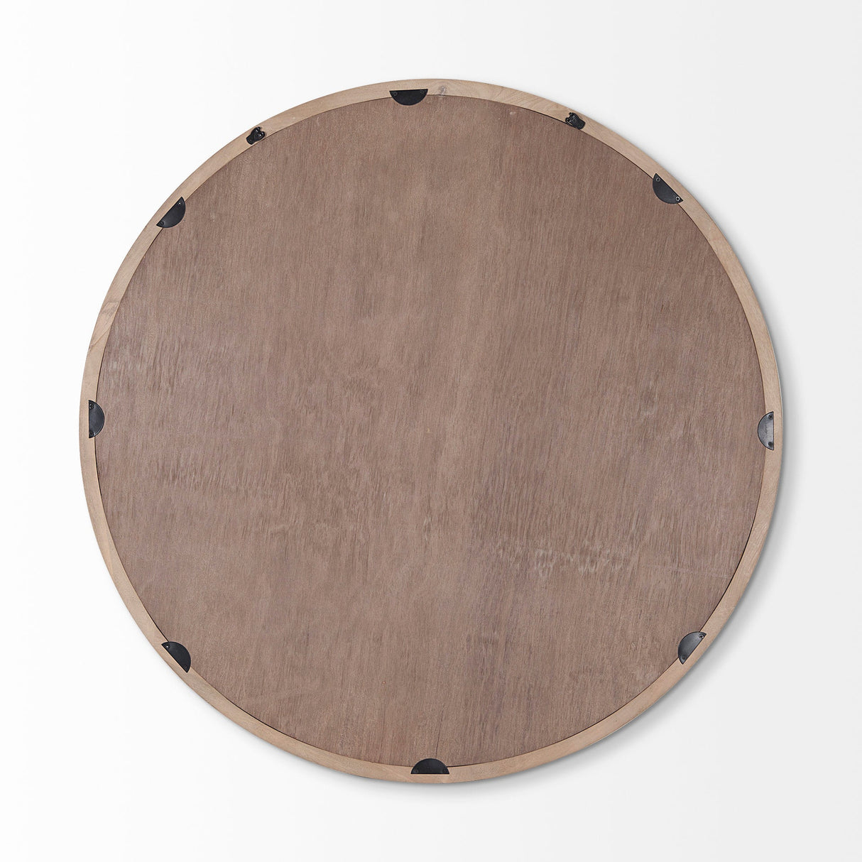 Gambit Round Light Brown Wood Frame Wall Mirror by Mercana at Eve Furniture