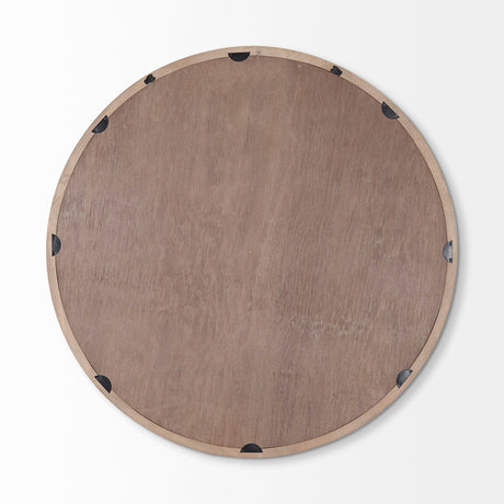 Gambit Round Light Brown Wood Frame Wall Mirror by Mercana at Eve Furniture