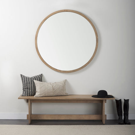 Gambit Round Light Brown Wood Frame Wall Mirror by Mercana at Eve Furniture