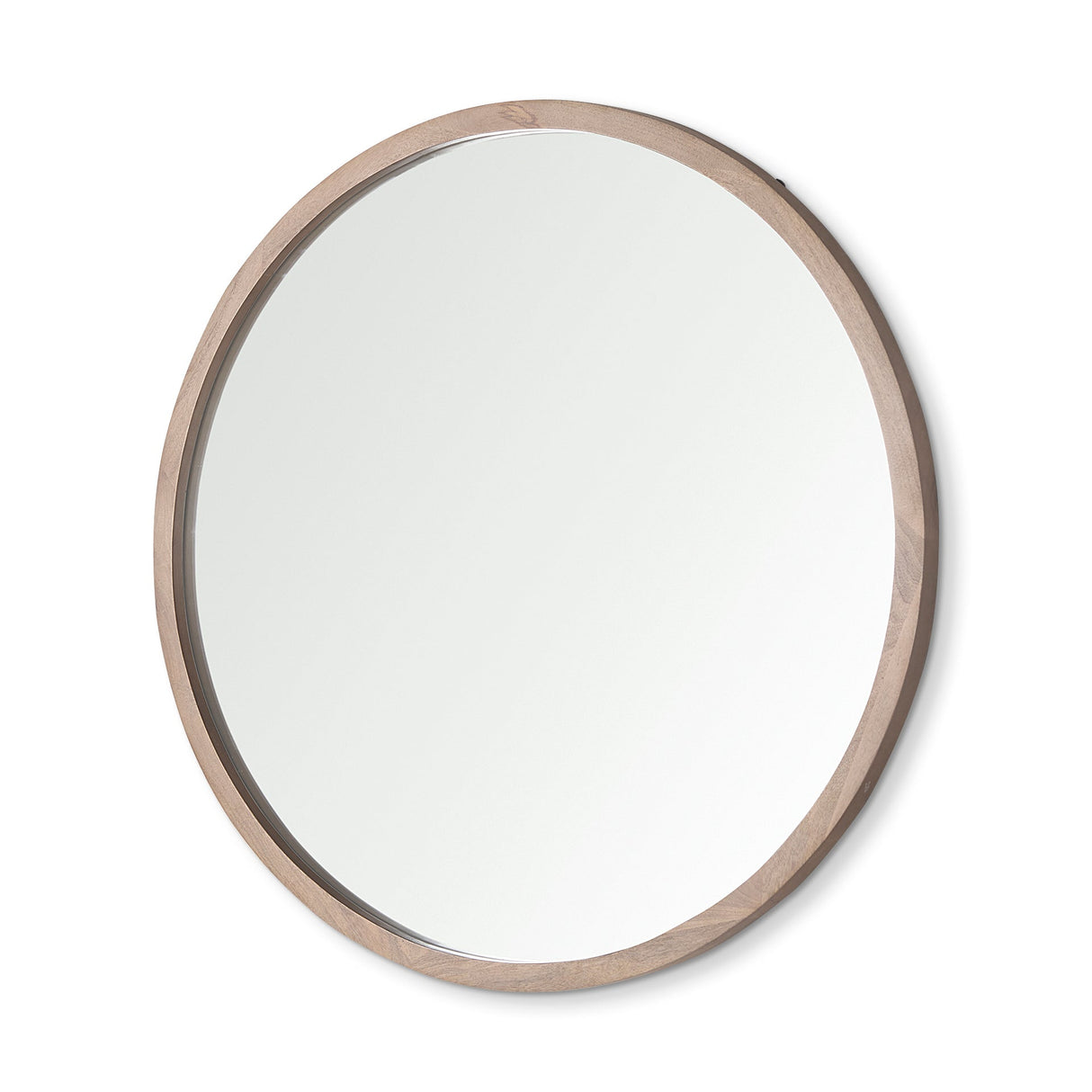 Gambit Round Light Brown Wood Frame Wall Mirror by Mercana at Eve Furniture