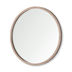 Gambit Round Light Brown Wood Frame Wall Mirror by Mercana at Eve Furniture