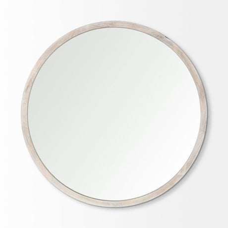 Gambit Round White Wash Wood Frame Wall Mirror by Mercana at Eve Furniture