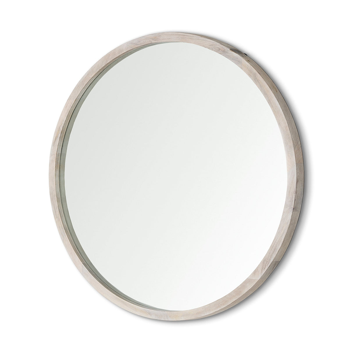 Gambit Round White Wash Wood Frame Wall Mirror by Mercana at Eve Furniture