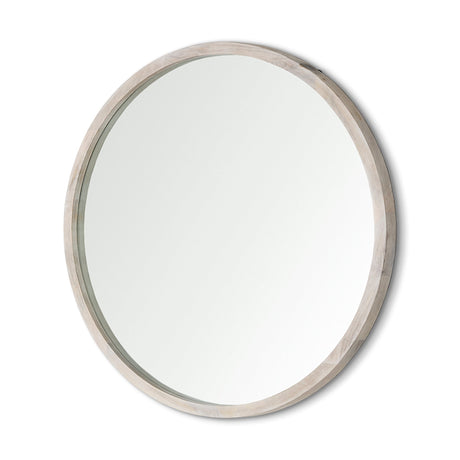 Gambit Round White Wash Wood Frame Wall Mirror by Mercana at Eve Furniture