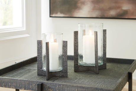Garekton Clear/Pewter Finish Candle Holder by Ashley at Eve Furniture