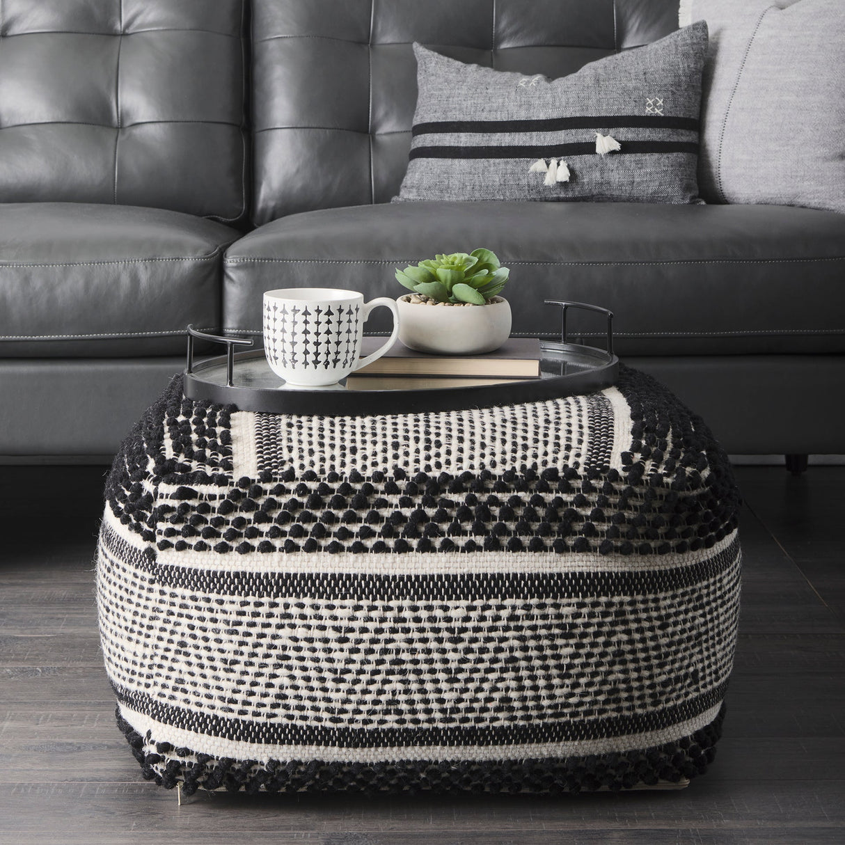 Garima Black/White Wool and Cotton Patterned Pouf by Mercana at Eve Furniture