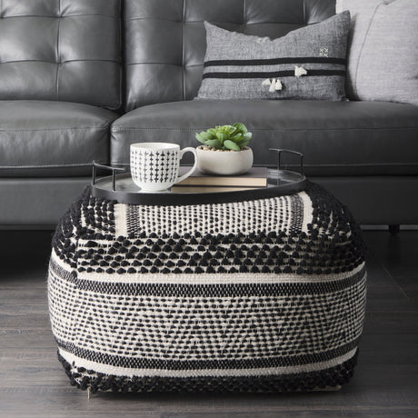 Garima Black/White Wool and Cotton Patterned Pouf by Mercana at Eve Furniture