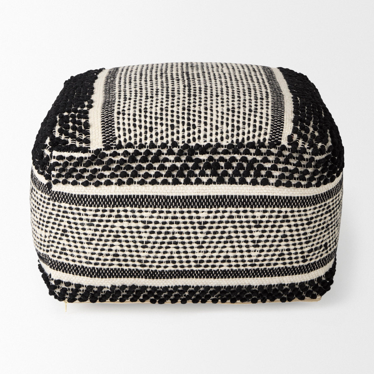 Garima Black/White Wool and Cotton Patterned Pouf by Mercana at Eve Furniture