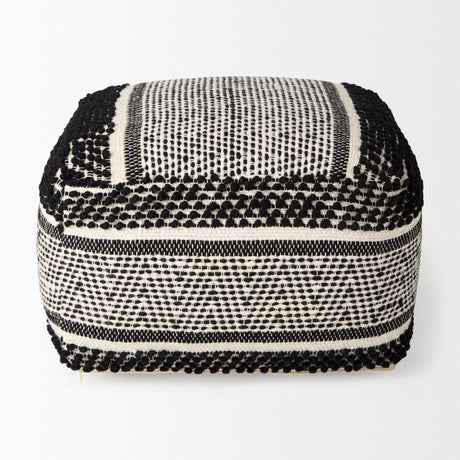 Garima Black/White Wool and Cotton Patterned Pouf by Mercana at Eve Furniture