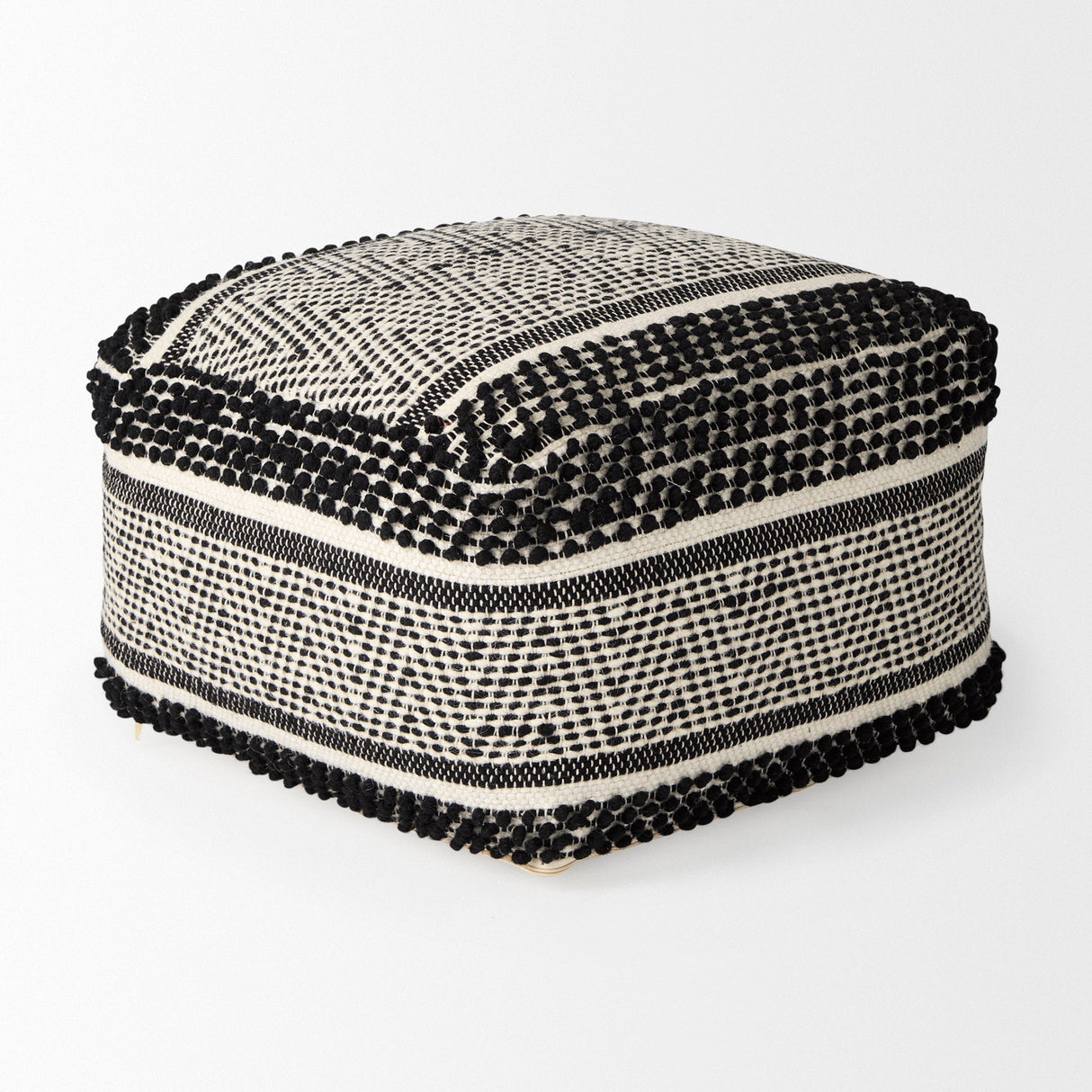 Garima Black/White Wool and Cotton Patterned Pouf by Mercana at Eve Furniture