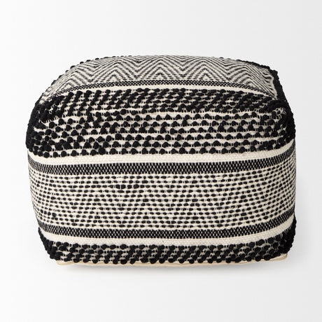 Garima Black/White Wool and Cotton Patterned Pouf by Mercana at Eve Furniture