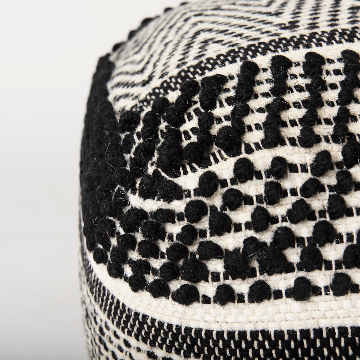 Garima Black/White Wool and Cotton Patterned Pouf by Mercana at Eve Furniture
