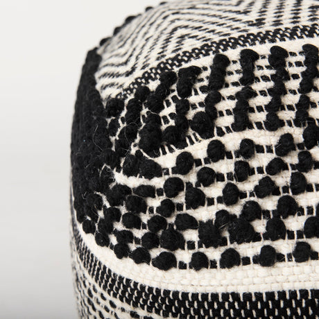 Garima Black/White Wool and Cotton Patterned Pouf by Mercana at Eve Furniture