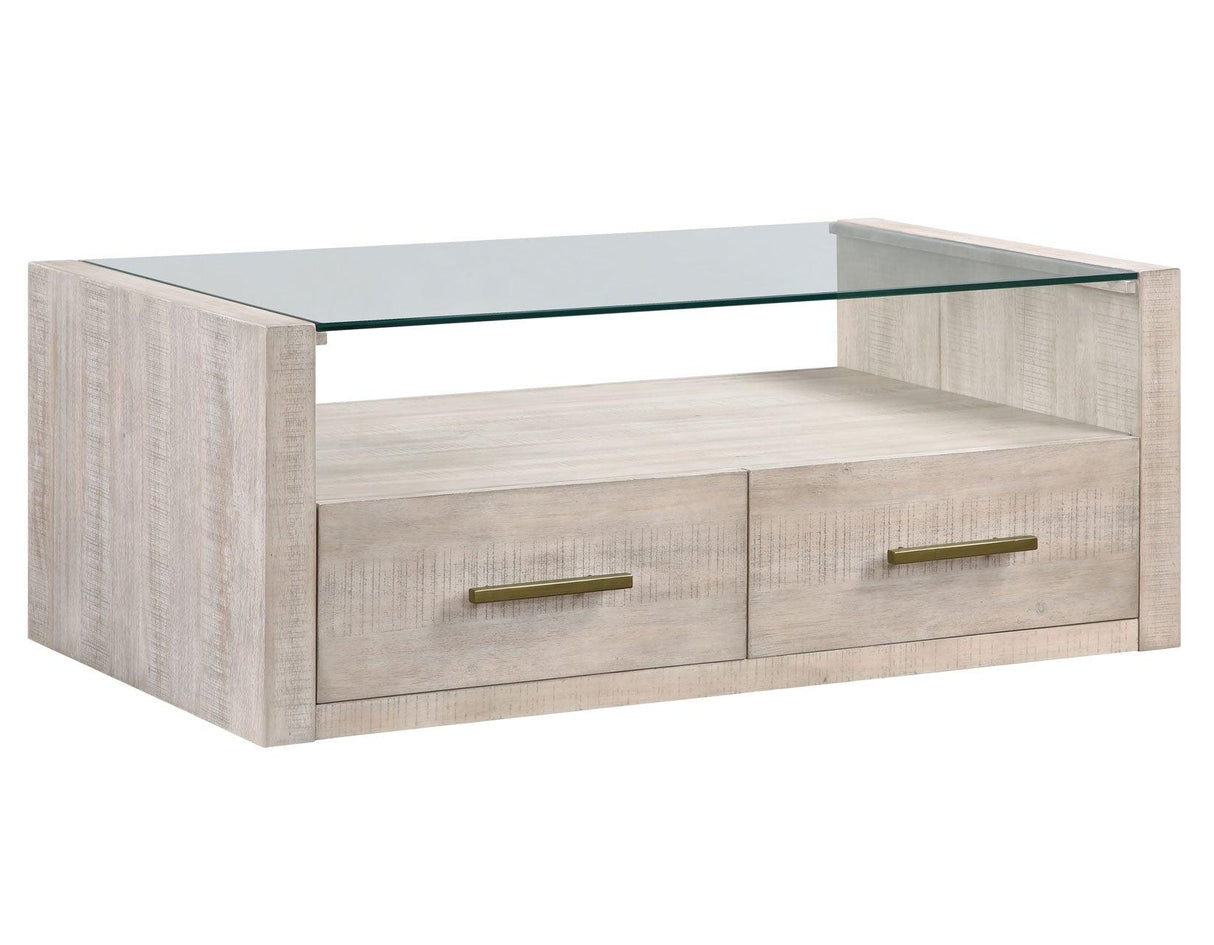 Garland Castered Glass Top Coffee Table, Washed Parchment Finish by Steve Silver at Eve Furniture