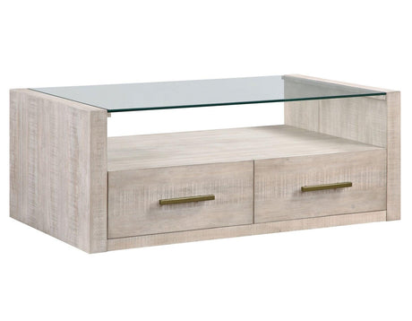 Garland Castered Glass Top Coffee Table, Washed Parchment Finish by Steve Silver at Eve Furniture
