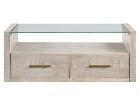 Garland Castered Glass Top Coffee Table, Washed Parchment Finish by Steve Silver at Eve Furniture