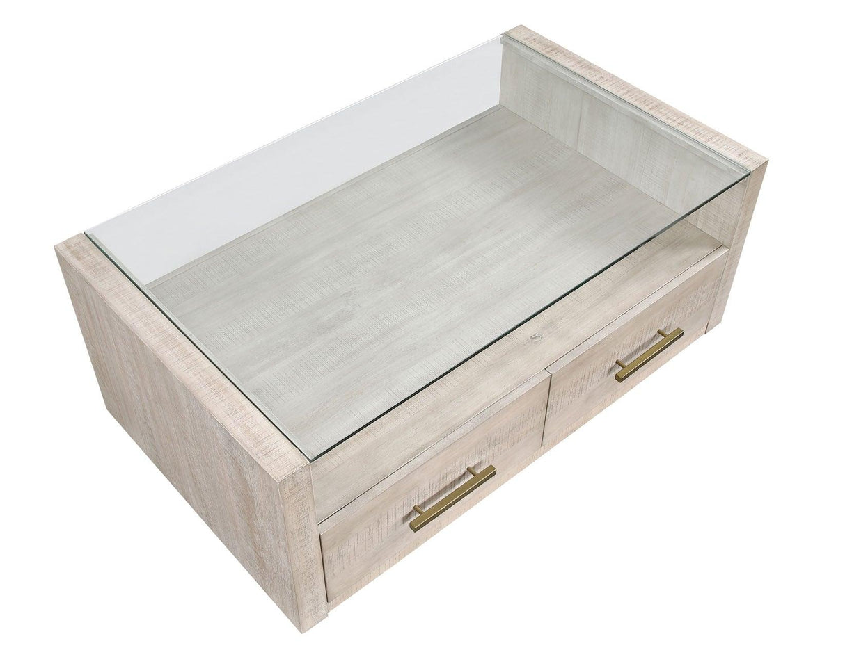 Garland Castered Glass Top Coffee Table, Washed Parchment Finish by Steve Silver at Eve Furniture