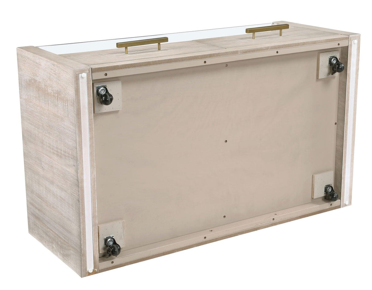 Garland Castered Glass Top Coffee Table, Washed Parchment Finish by Steve Silver at Eve Furniture