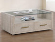 Garland Castered Glass Top Coffee Table, Washed Parchment Finish by Steve Silver at Eve Furniture