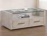 Garland Castered Glass Top Coffee Table, Washed Parchment Finish by Steve Silver at Eve Furniture