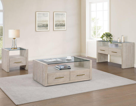Garland Glass Top End Table, Washed Parchment Finish by Steve Silver at Eve Furniture