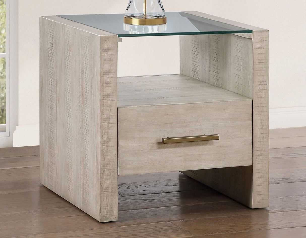 Garland Glass Top End Table, Washed Parchment Finish by Steve Silver at Eve Furniture