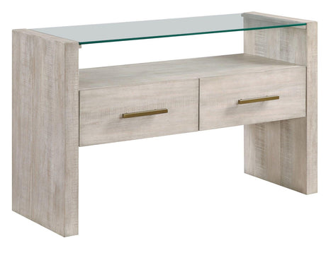 Garland Glass Top Sofa Table, Washed Parchment Finish by Steve Silver at Eve Furniture