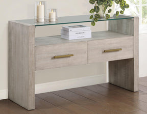 Garland Glass Top Sofa Table, Washed Parchment Finish by Steve Silver at Eve Furniture