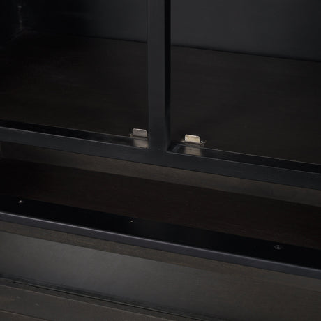 Gehry Dark Brown Metal Brown Wood and Glass Door Display Cabinet by Mercana at Eve Furniture