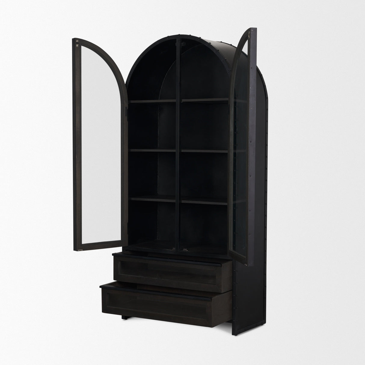 Gehry Dark Brown Metal Brown Wood and Glass Door Display Cabinet by Mercana at Eve Furniture
