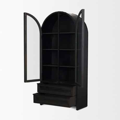 Gehry Dark Brown Metal Brown Wood and Glass Door Display Cabinet by Mercana at Eve Furniture