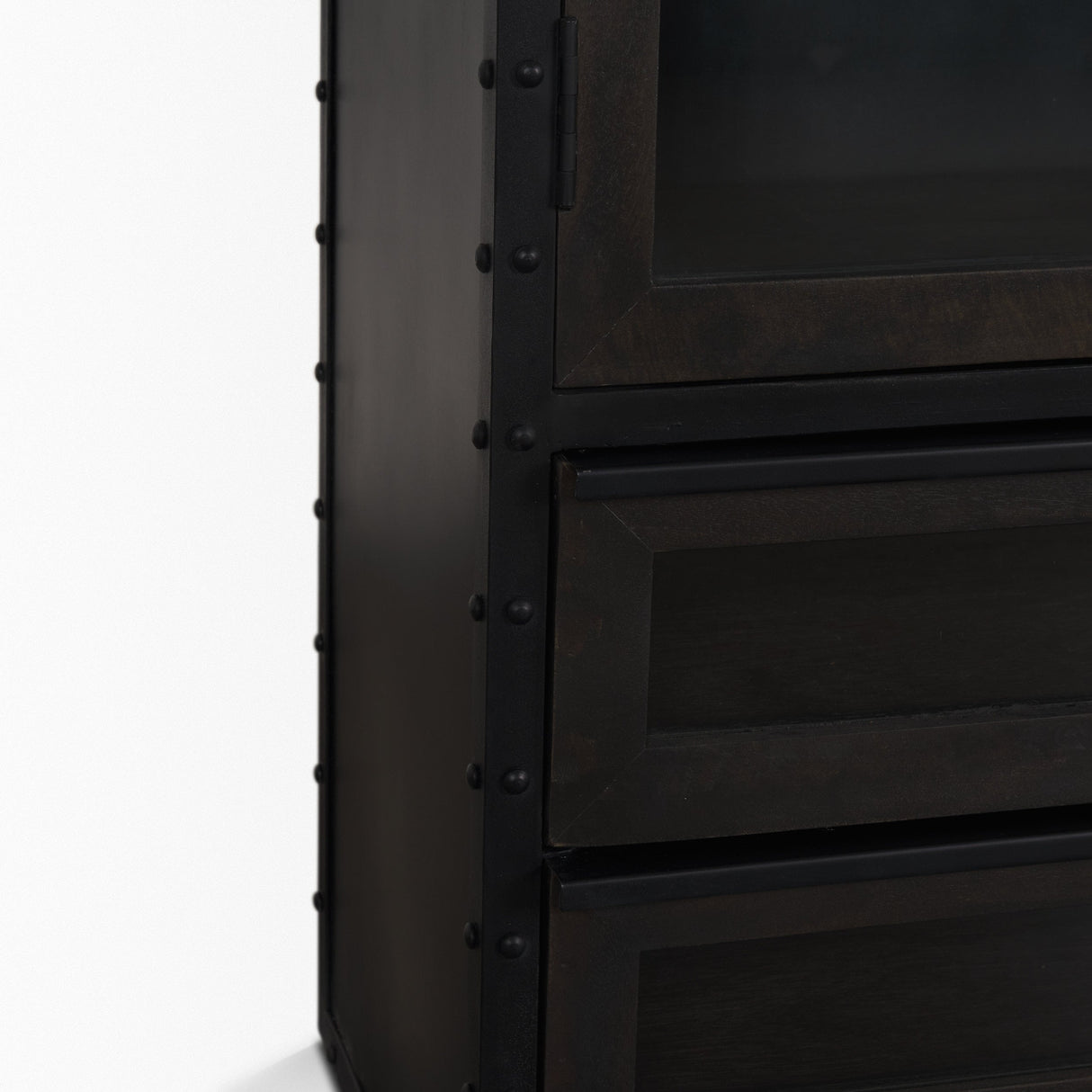 Gehry Dark Brown Metal Brown Wood and Glass Door Display Cabinet by Mercana at Eve Furniture