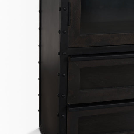 Gehry Dark Brown Metal Brown Wood and Glass Door Display Cabinet by Mercana at Eve Furniture