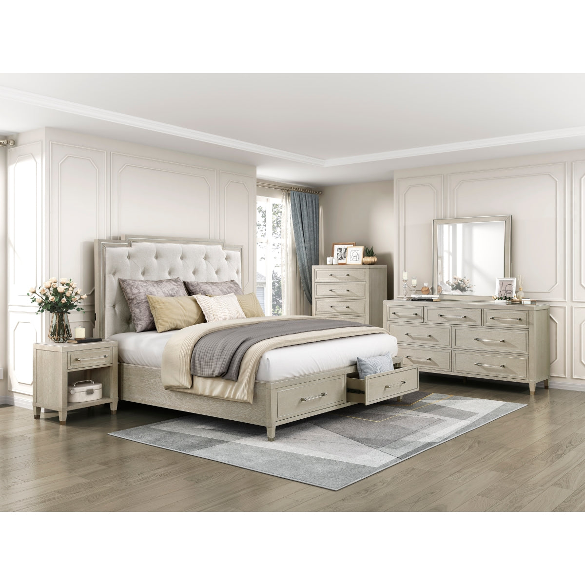 Genoa Light Oak Queen Upholstered Storage Platform Bed by Homelegance at Eve Furniture