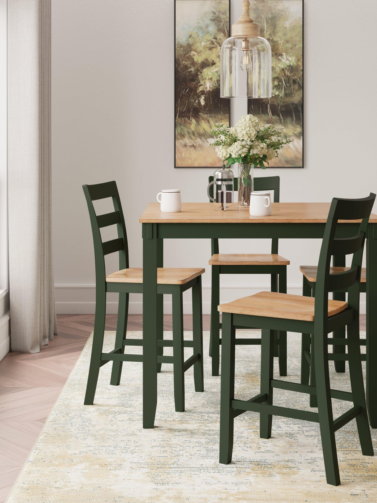 Gesthaven Natural/Green Counter Height Dining Table and 4 Barstools by Ashley at Eve Furniture