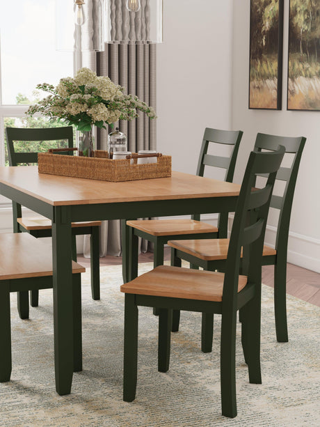 Gesthaven Natural/Green Dining Table with 4 Chairs and Bench by Ashley at Eve Furniture