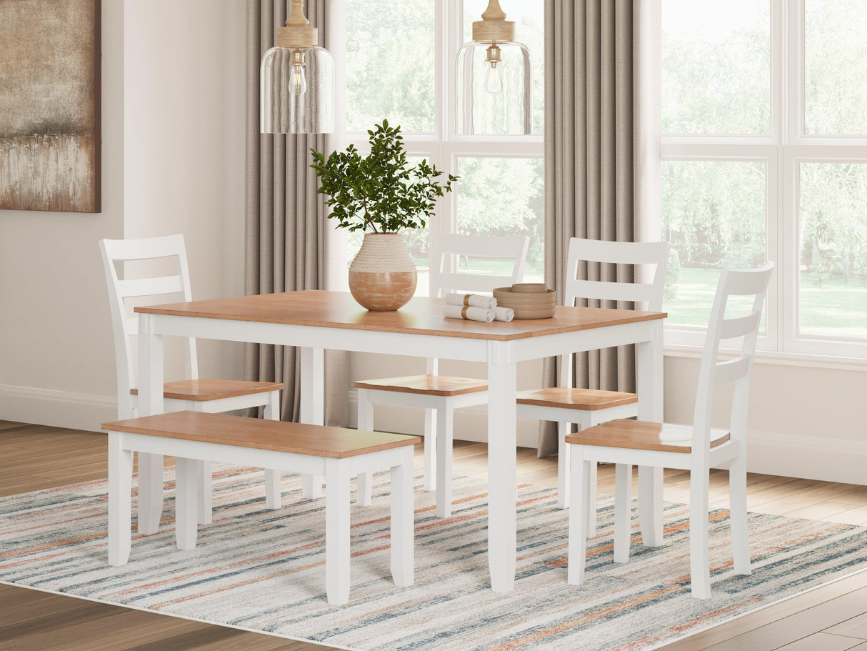 Gesthaven Natural/White Dining Table with 4 Chairs and Bench by Ashley at Eve Furniture