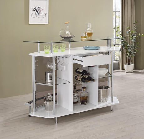 Gideon Crescent Shaped Glass Top Bar Unit with Drawer by Coaster at Eve Furniture