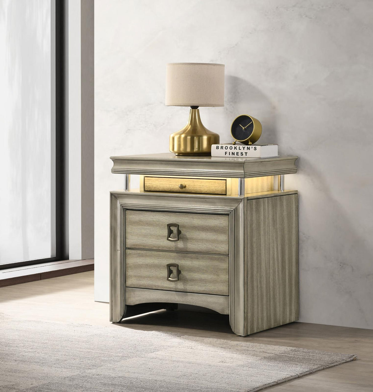 Giselle 3-drawer Nightstand Bedside Table with LED Rustic Beige