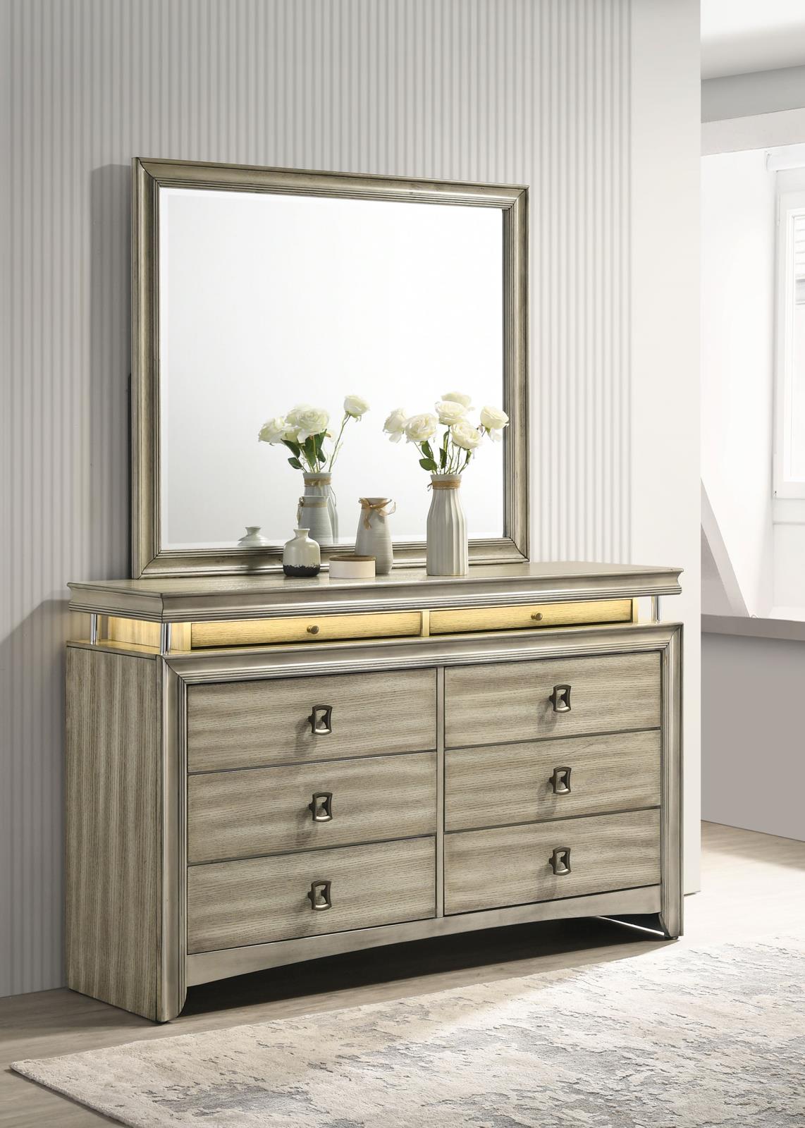 Giselle Rustic Beige 8-Drawer Bedroom Dresser with LED Mirror