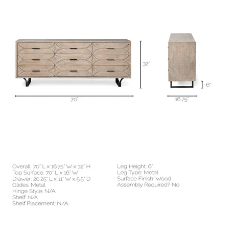 Giselle II Brown Fir Veneer W/Black Metal Leg 9 Drawer Sideboard by Mercana at Eve Furniture