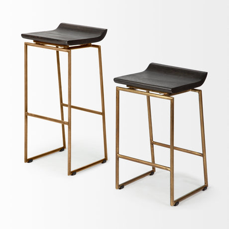 Givens Brown Wood Seat Gold Metal Base Stool by Mercana at Eve Furniture