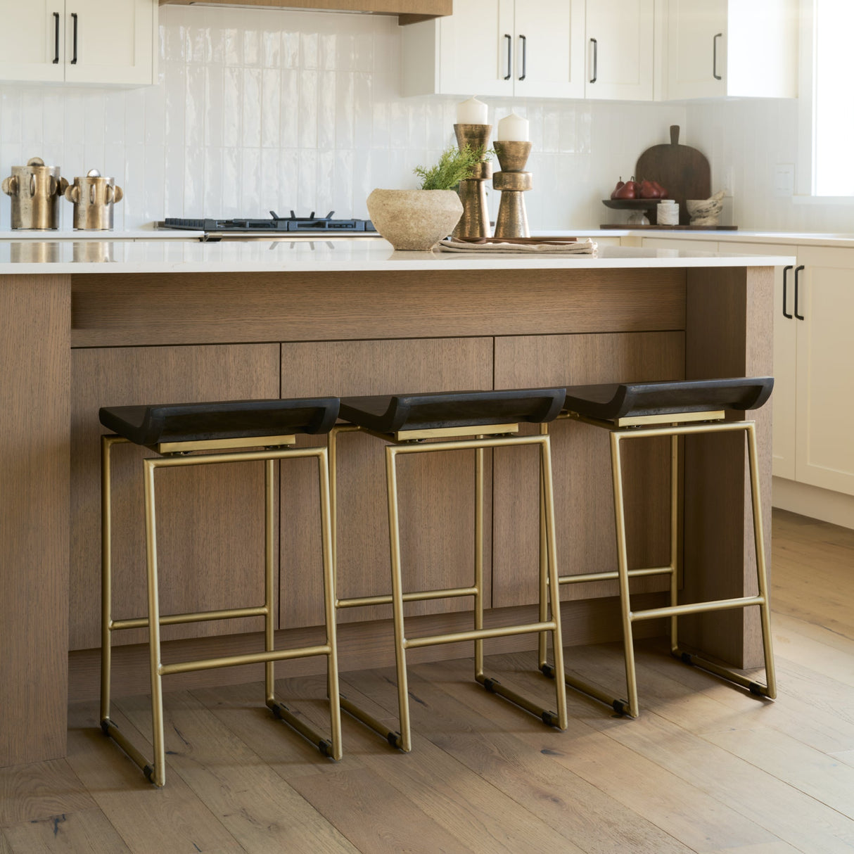 Givens Brown Wood Seat Gold Metal Frame Stool by Mercana at Eve Furniture