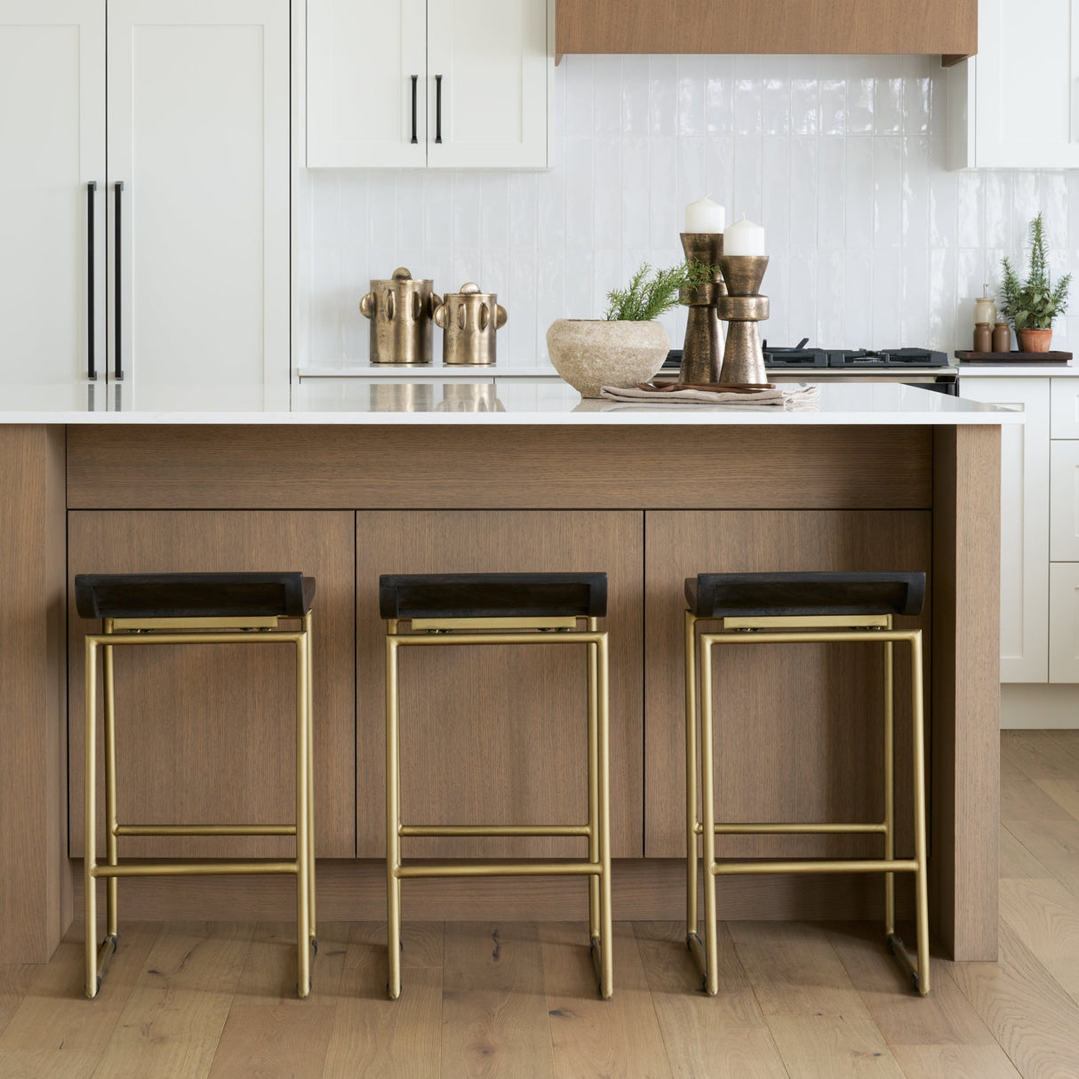 Givens Brown Wood Seat Gold Metal Frame Stool by Mercana at Eve Furniture