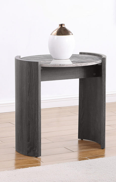 Gladstone Distressed Gray Round Faux Marble Top End Table by Coaster at Eve Furniture