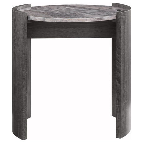 Gladstone Distressed Gray Round Faux Marble Top End Table by Coaster at Eve Furniture
